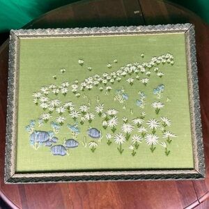Vintage Embroidered Floral Wall Art in Green Frame